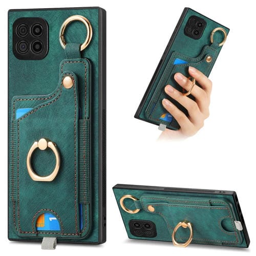 Funda para Teléfono Samsung Galaxy A22 4G con Bolsa para Tarjeta y Anillo con Lazo (Verde)