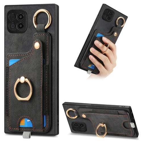 Funda para Teléfono Samsung Galaxy A22 4G con Bolsa para Tarjeta y Anillo Sensación de Piel Retro con Lazo para Colgar (Negro)