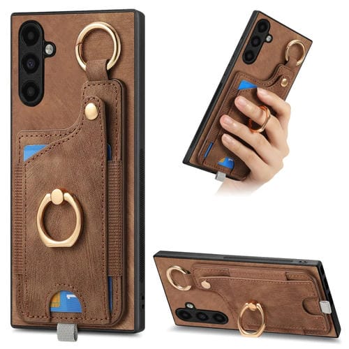 Funda para Teléfono Samsung Galaxy M14 con Bolsa para Tarjeta Anillo y Lazo (Marrón)