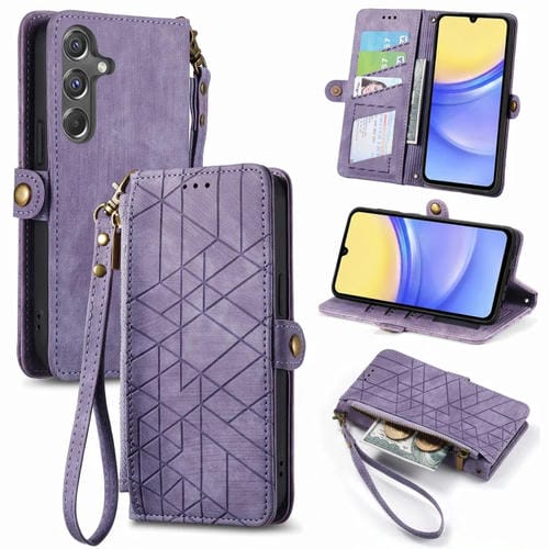Funda de Teléfono Samsung Galaxy A15 Cuero Hebilla Lateral Billetera Cremallera (Púrpura)