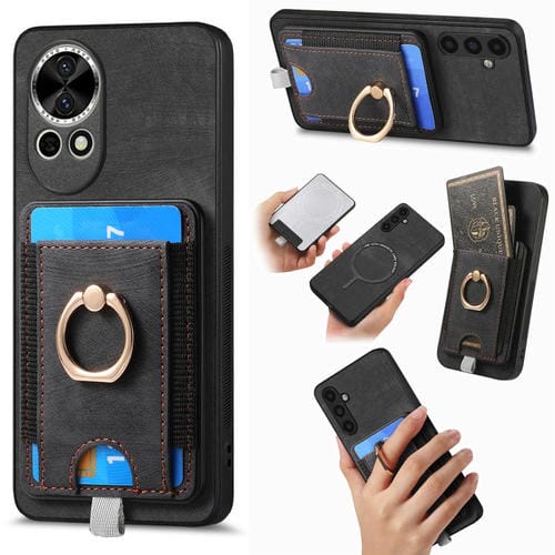 Funda de Cuero para Huawei Nova 13 con Tarjetero Magnético Divisible Retro (Negro)