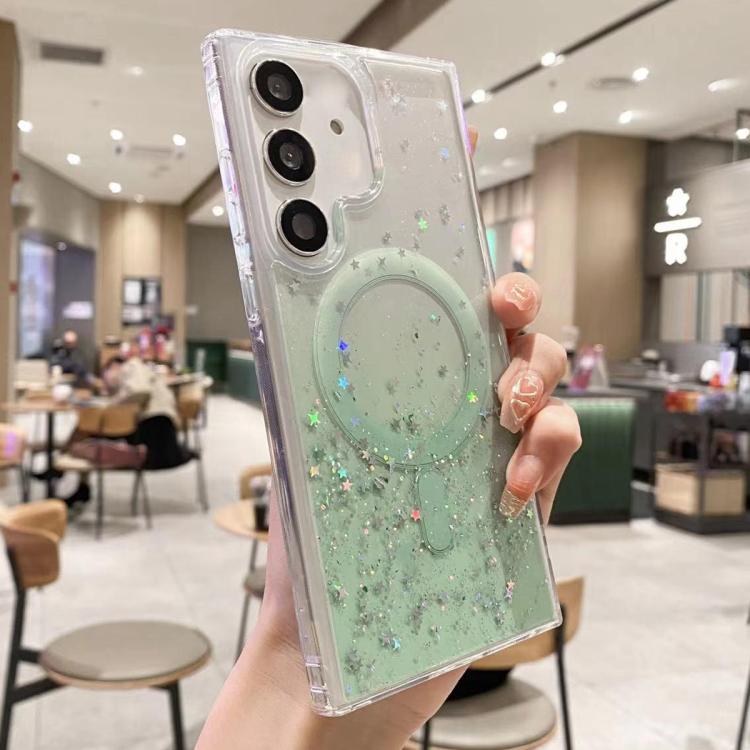 Funda híbrida de TPU transparente con purpurina MagSafe para Samsung Galaxy S25+ 5G (verde)
