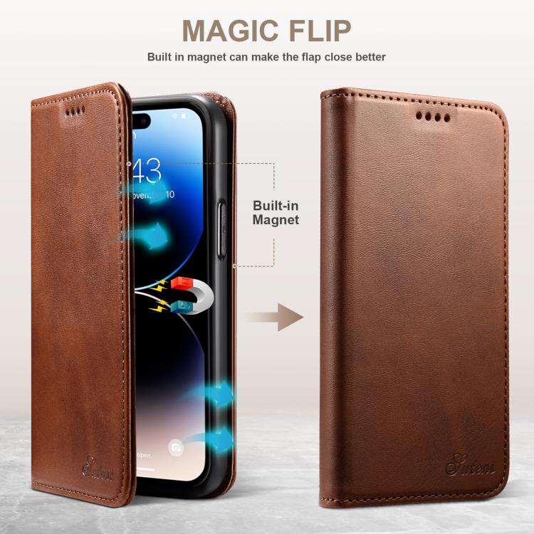 Funda de Piel Suteni con Tapa Horizontal y Textura de Becerro para iPhone 16E (Marrón)