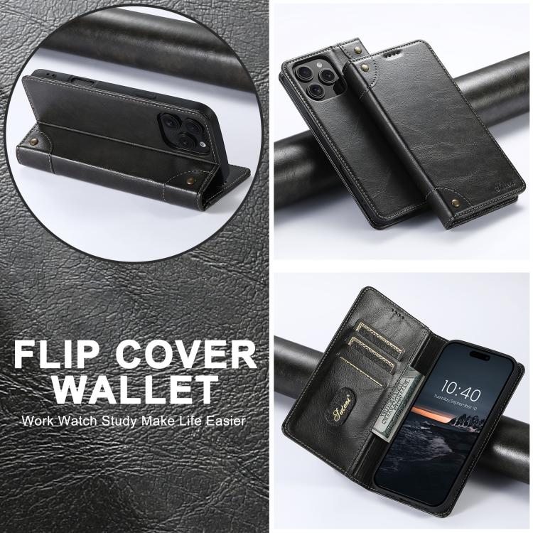 Funda Tipo Billetera Suteni para iPhone 16E Cuero con Hebilla Textura Becerro (Negro)