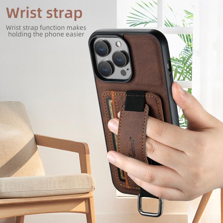 Funda para iPhone 16E Suteni H13 con Correa de Muñeca Cuero de Lichi (Marrón)
