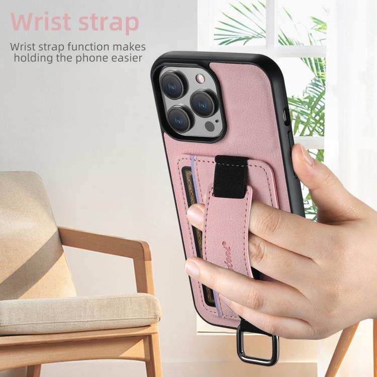 Funda para iPhone 16E Suteni H13 con Correa de Muñeca de Cuero de Lichi (Rosa)