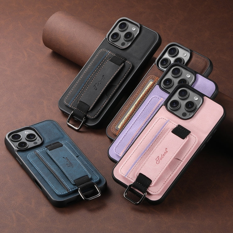 Funda para iPhone 16E Suteni H13 con Correa de Muñeca Cuero de Lichi (Marrón)