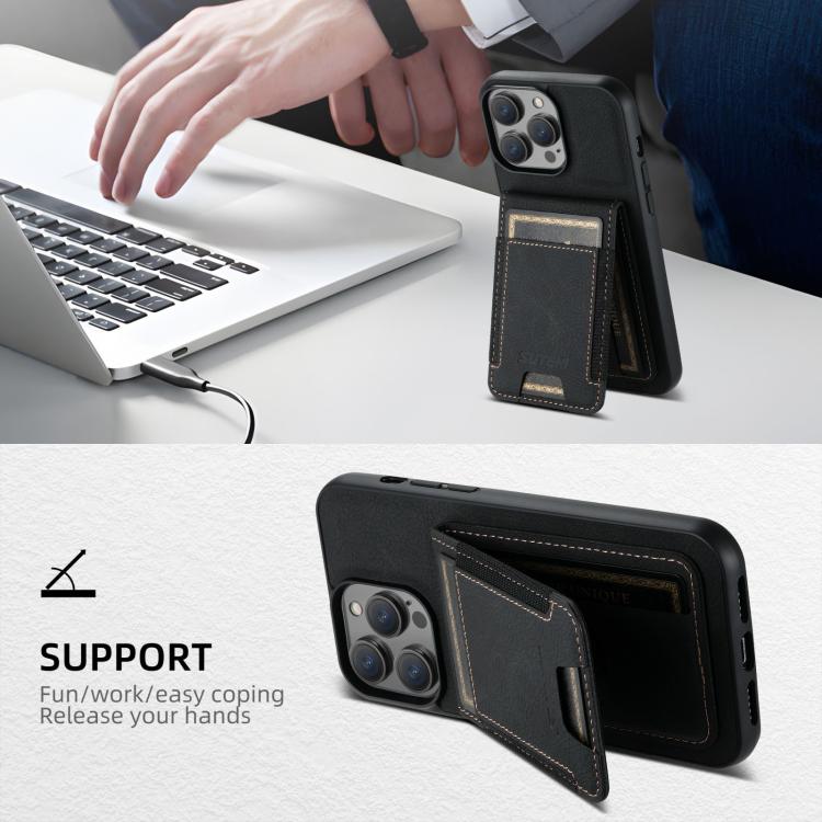 Funda para iPhone 16E Suteni H03 con Tarjetero de Piel de Lichi y Atril (Negra)