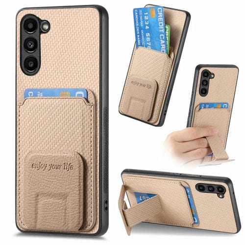 Funda para Teléfono Samsung Galaxy S21 5G con Soporte Plegable y Bolsa para Tarjetas Fibra de Carbono (Caqui)