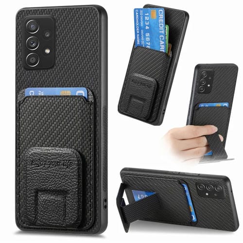 Funda para Teléfono Samsung Galaxy A23 con Soporte Plegable y Bolsa para Tarjetas de Fibra de Carbono (Negro)