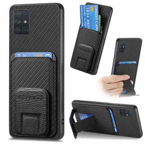 Funda para Teléfono Samsung Galaxy A51 con Soporte Plegable y Bolsa para Tarjetas de Fibra de Carbono (Negro)