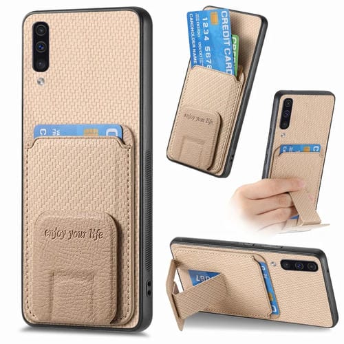 Funda para Teléfono Samsung Galaxy A70 A70S Soporte Plegable Bolsa Tarjetas Fibra de Carbono (Caqui)