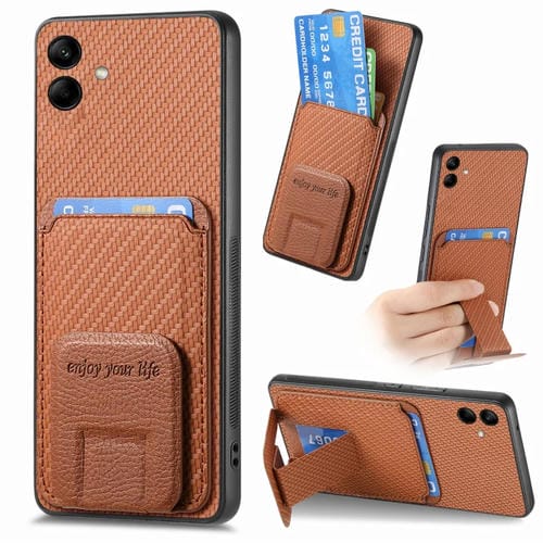Funda para Teléfono Samsung Galaxy A05 con Soporte Plegable y Bolsa para Tarjetas Fibra de Carbono (Marrón)