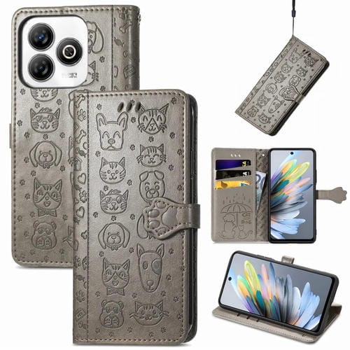 Funda de Piel con Relieve de Gato y Perro para ZTE Blade A75 4G (Gris)