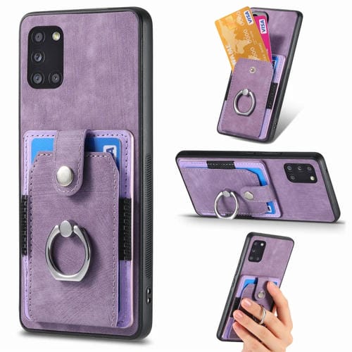 Funda para Teléfono Samsung Galaxy A31 con Billetera, Tarjeta y Anillo con Sensación de Piel Retro (Púrpura)