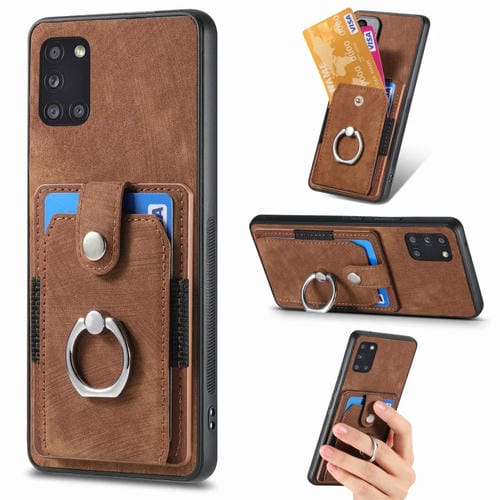 Funda para Teléfono Samsung Galaxy A31 con Billetera, Tarjeta, Anillo y Sensación de Piel Retro (Marrón)
