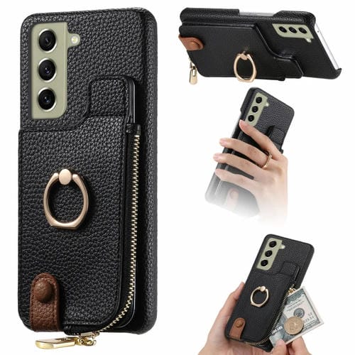 Funda para teléfono Samsung Galaxy S21 FE 5G Litchi Leather Oil Edge Ring Zipper Wallet Back (Negro)