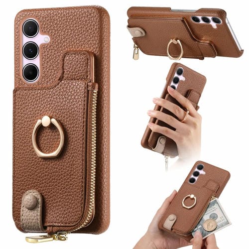 Funda para Teléfono Samsung Galaxy A55 5G Litchi Leather Oil Edge Ring Zipper Wallet (Marrón)