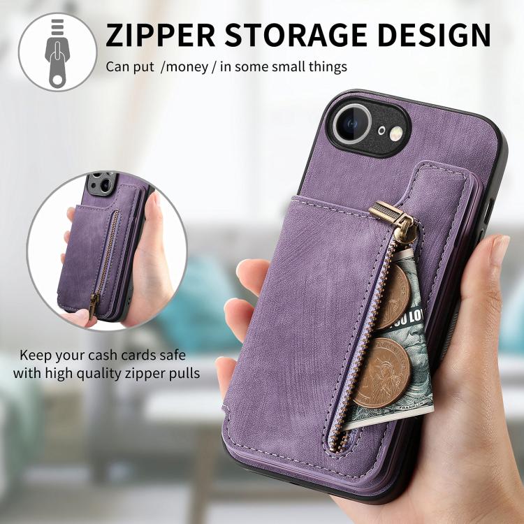 Funda de Cuero Retro con Cremallera para iPhone 16E (Morado)