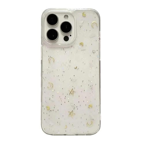 Funda de Teléfono TPU Epoxi con Purpurina y Diseño Luna y Estrellas para iPhone 16 Pro (Transparente)