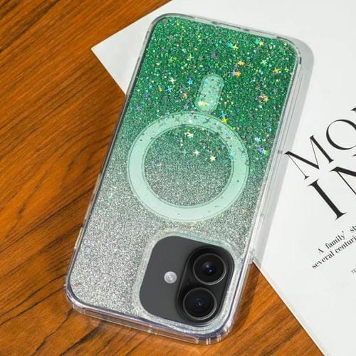 Funda MagSafe con purpurina degradada y estrellas para iPhone 16 Plus (verde degradado)