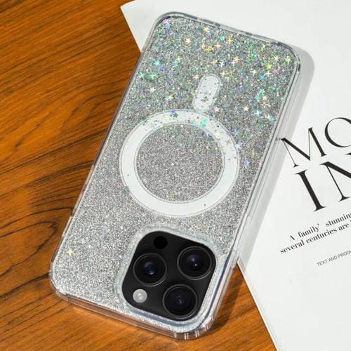 Funda MagSafe con purpurina degradada y estrellas para iPhone 16 Pro Max (plata degradada)