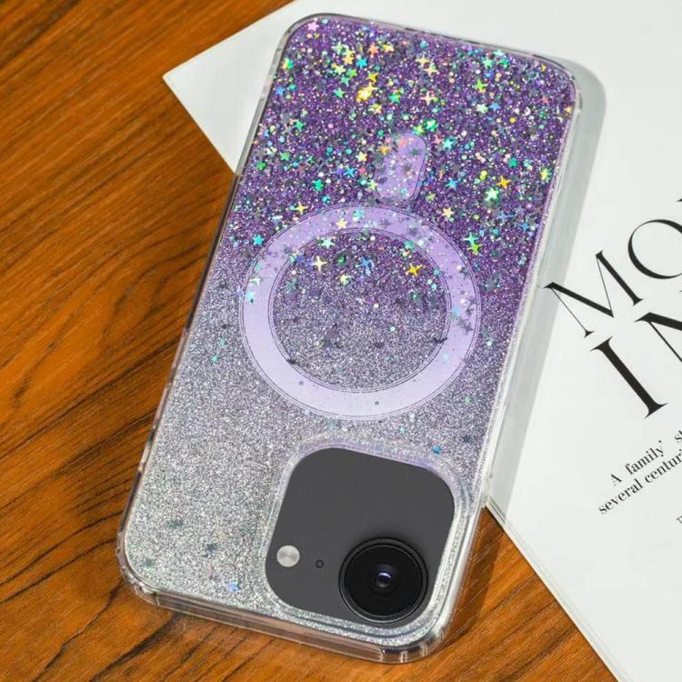 Funda MagSafe con purpurina degradada y estrellas para iPhone 16e (morado degradado)