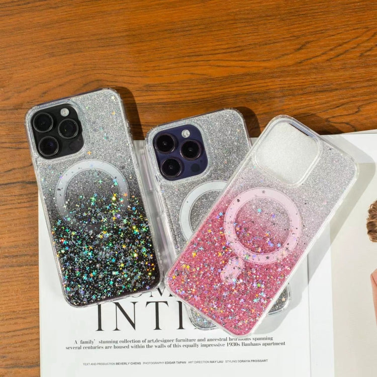 Funda MagSafe con purpurina degradada y estrellas para iPhone 16 Plus (negro degradado)