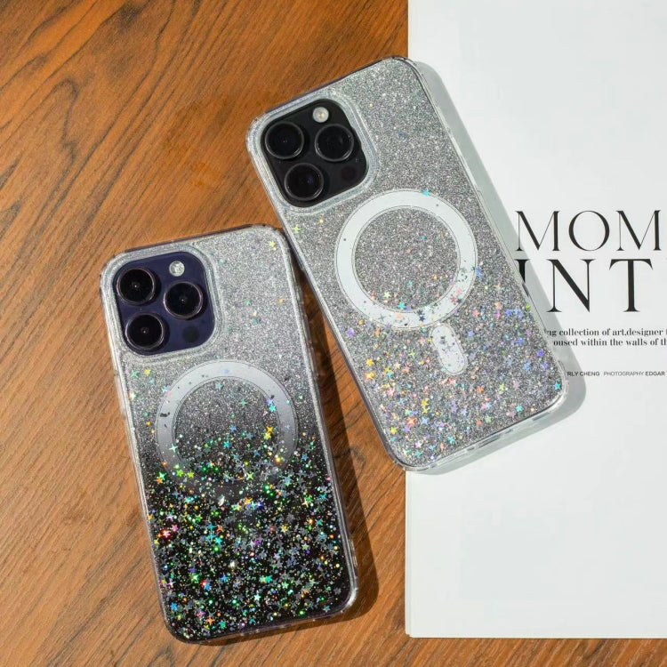 Funda MagSafe con purpurina degradada y estrellas para iPhone 16e (morado degradado)