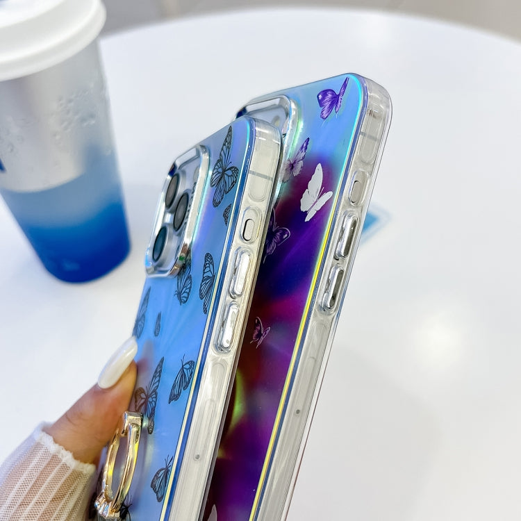 Estuche para teléfono iPhone 15 con soporte para anillo mariposa láser con galvanoplastia (Mariposas Rosadas Ab2) - MOVILSTORE