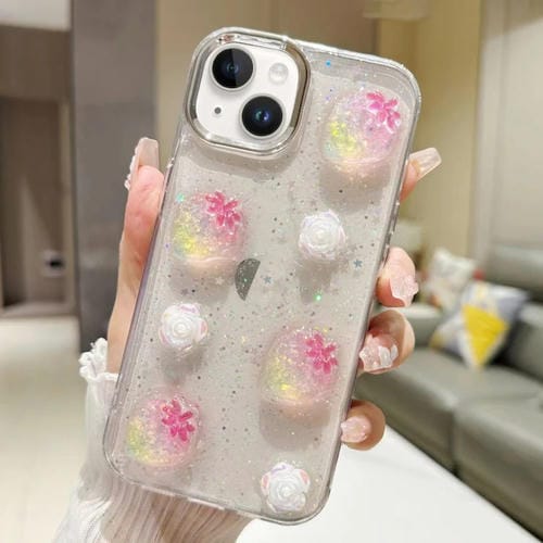 Funda para Teléfono TPU Epoxi iPhone 15 Purpurina Floral 3D (Fresa Rosa) - MOVILSTORE