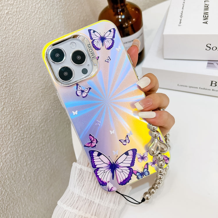 Funda para Teléfono iPhone 15 Mariposa Láser Galvanizada con Correa para Muñeca (Negra) - MOVILSTORE
