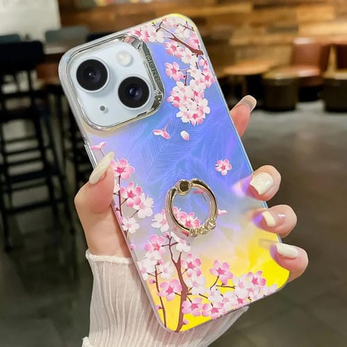 Funda TPU con Soporte Anillo Flores Láser Galvanizado para iPhone 15 (Flor de Durazno) - MOVILSTORE