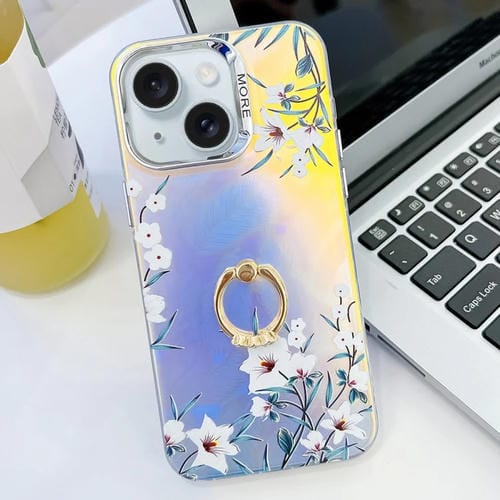 Caja de teléfono TPU para iPhone 15 con soporte de anillo flor láser galvanoplastia (Morning Glory Ah16) - MOVILSTORE