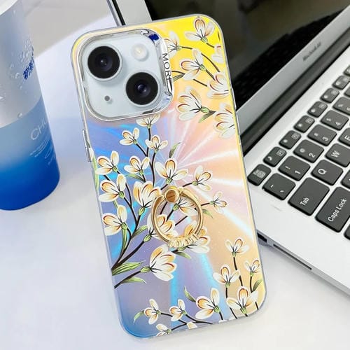 Caja de Teléfono TPU para iPhone 15 con Soporte de Anillo y Flor Láser de Galvanoplastia (Pear Blossom Ah17) - MOVILSTORE