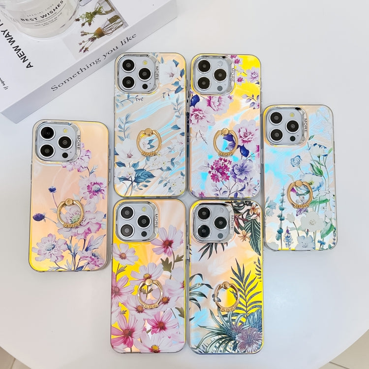 Funda TPU con Soporte Anillo Flores Láser Galvanizado para iPhone 15 (Flor de Durazno) - MOVILSTORE