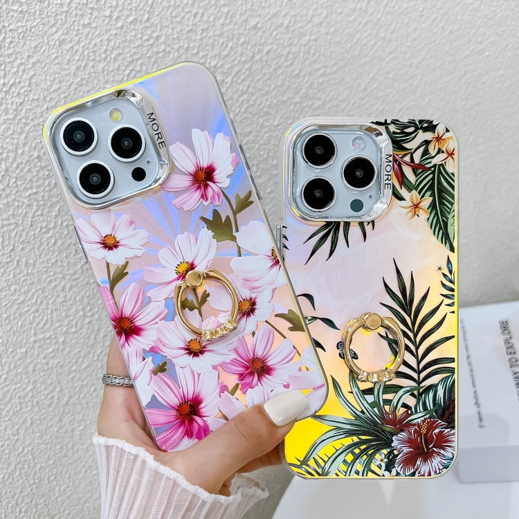 Caja de teléfono TPU para iPhone 15 con Soporte de Anillo y Flor Láser de Galvanoplastia (Myosotis Ah2) - MOVILSTORE