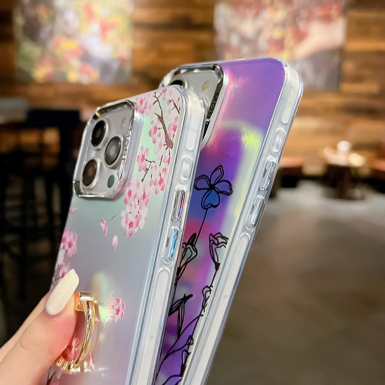 Caja de teléfono TPU para iPhone 15 con Soporte de Anillo y Flor Láser de Galvanoplastia (Myosotis Ah2) - MOVILSTORE