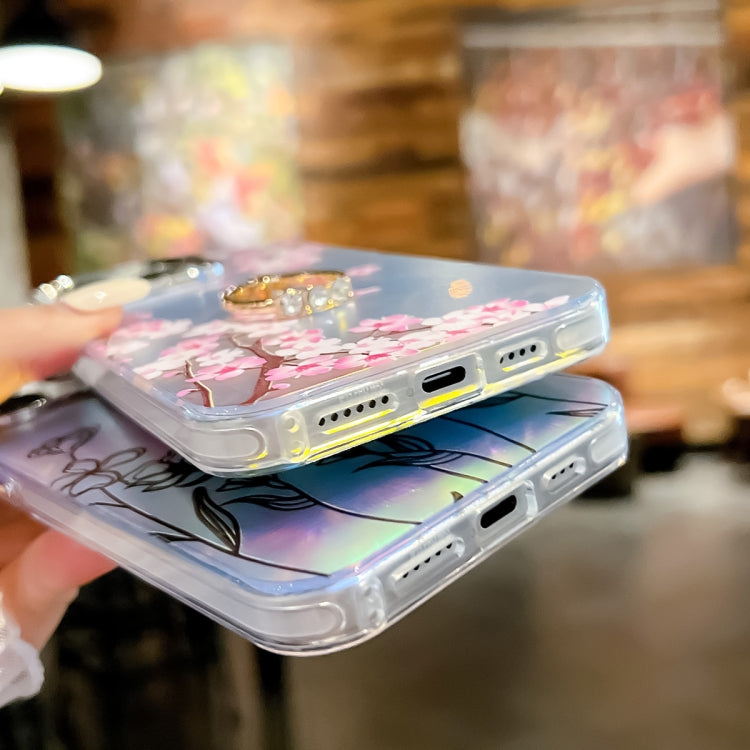 Funda TPU con Soporte Anillo Flores Láser Galvanizado para iPhone 15 (Flor de Durazno) - MOVILSTORE