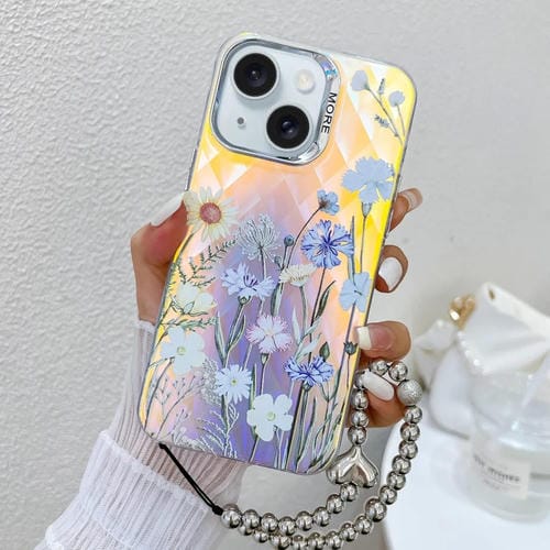 Funda para Teléfono iPhone 15 con Flor Láser Galvanizada y Correa para Muñeca (Crisantemo Ah5) - MOVILSTORE