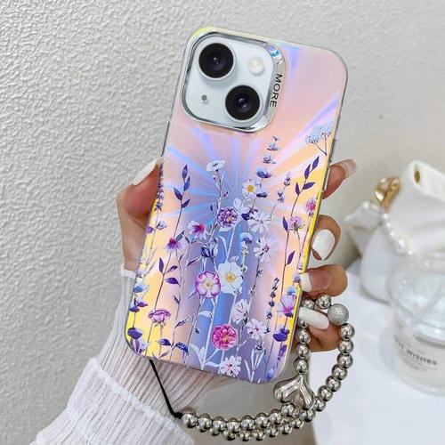 Funda para Teléfono iPhone 15 Flor Láser Galvanizada con Correa para Muñeca (Flor Ah1) - MOVILSTORE
