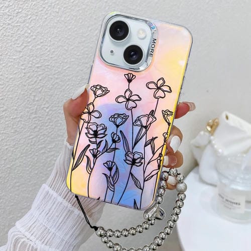 Funda para Teléfono iPhone 15 con Flor Láser Galvanizada y Correa para Muñeca (Flores Dibujadas Ah3) - MOVILSTORE