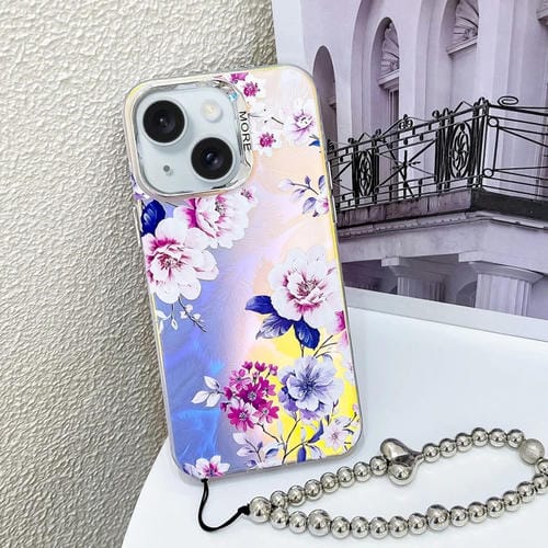 Funda para Teléfono iPhone 15 Peony Ah11 con Flor Láser Galvanizada y Correa para Muñeca - MOVILSTORE