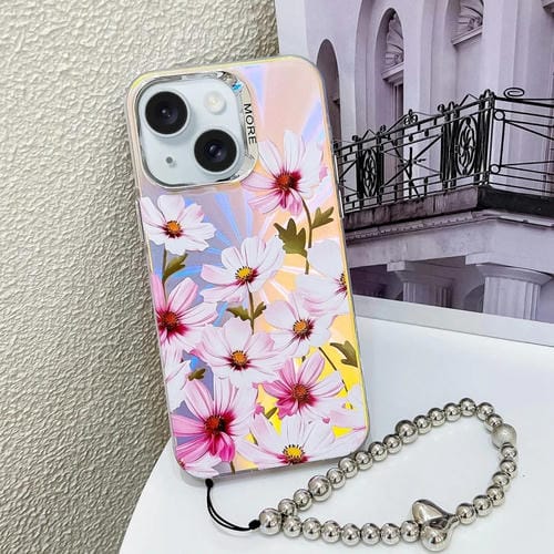 Funda para Teléfono iPhone 15 Cosmos Flower Ah7 con Flor Láser Galvanizada y Correa para Muñeca - MOVILSTORE