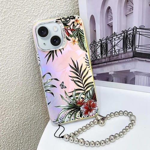 Funda para Teléfono iPhone 15 Flor Láser Galvanizada con Correa para Muñeca (Hojas Ah12) - MOVILSTORE