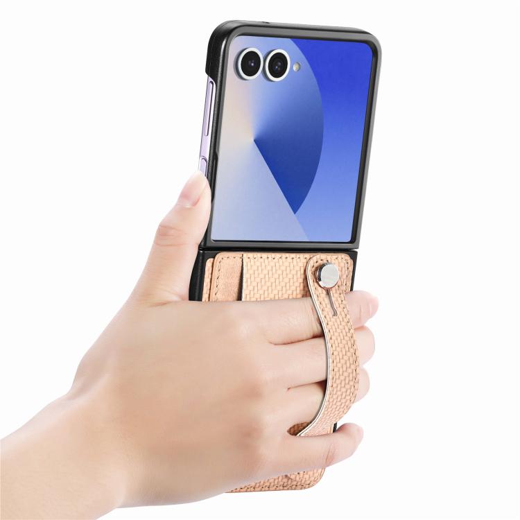 Funda trasera con función atril para Samsung Galaxy Z Flip7 5G, con correa para la muñeca y tarjetero (caqui)