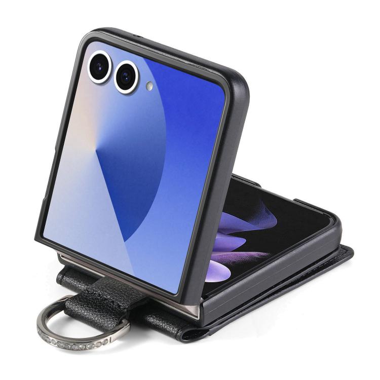 Funda tipo cartera con anillo de cuero con textura de lichi para Samsung Galaxy Z Flip7 5G (negra)