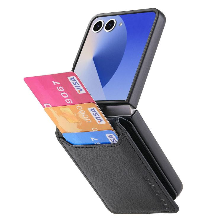 Funda tipo cartera con anillo de cuero con textura de lichi para Samsung Galaxy Z Flip7 5G (negra)