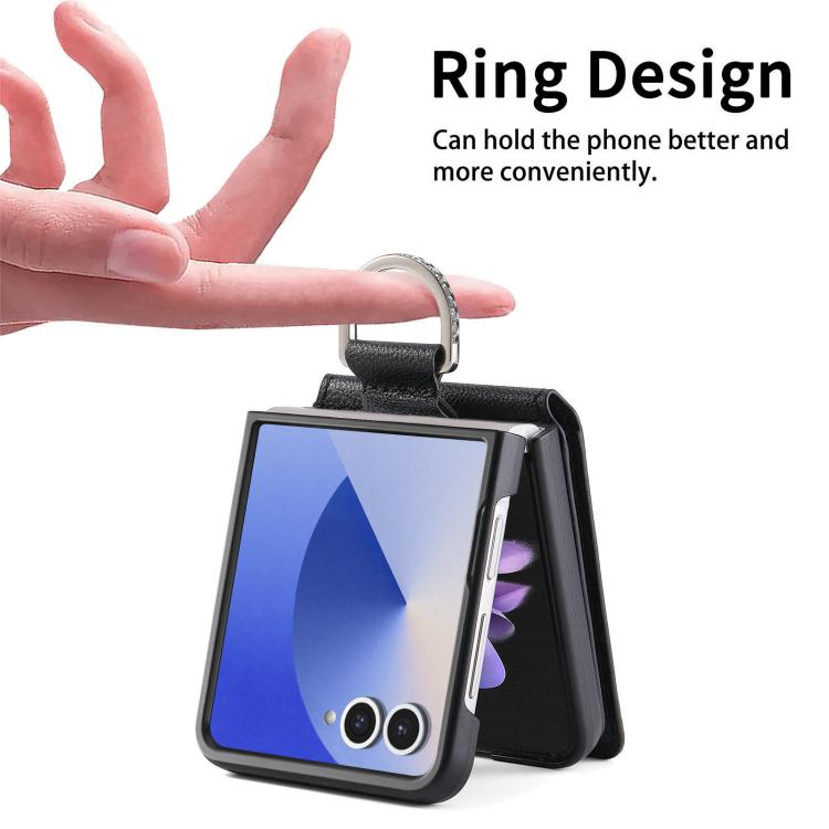 Funda tipo cartera con anillo de cuero con textura de lichi para Samsung Galaxy Z Flip7 5G (negra)