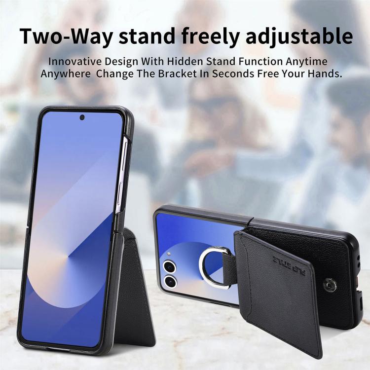 Funda tipo cartera con anillo de cuero con textura de lichi para Samsung Galaxy Z Flip7 5G (negra)